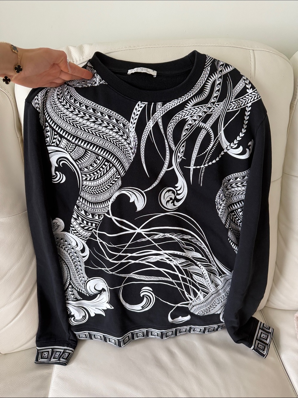 Versace Black Crewneck Sweater with White Baroque Graphic